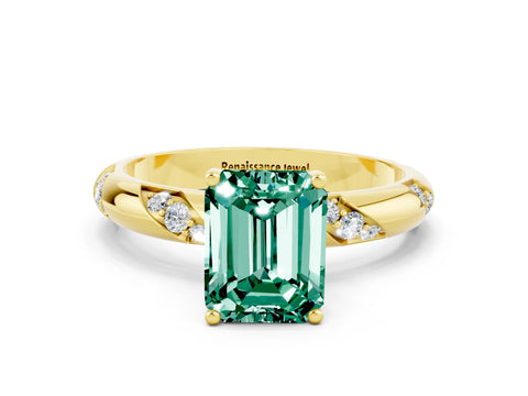 Yellow gold Emerald Cut Solitaire Diamond Engagement Ring with Twisted Pave Band and Four-Prong Setting