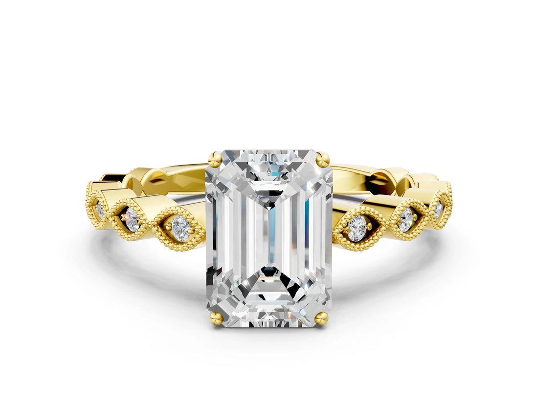 Yellow gold Emerald Cut Solitaire Diamond Ring with Infinity Twist Band and Four-Prong Setting_9