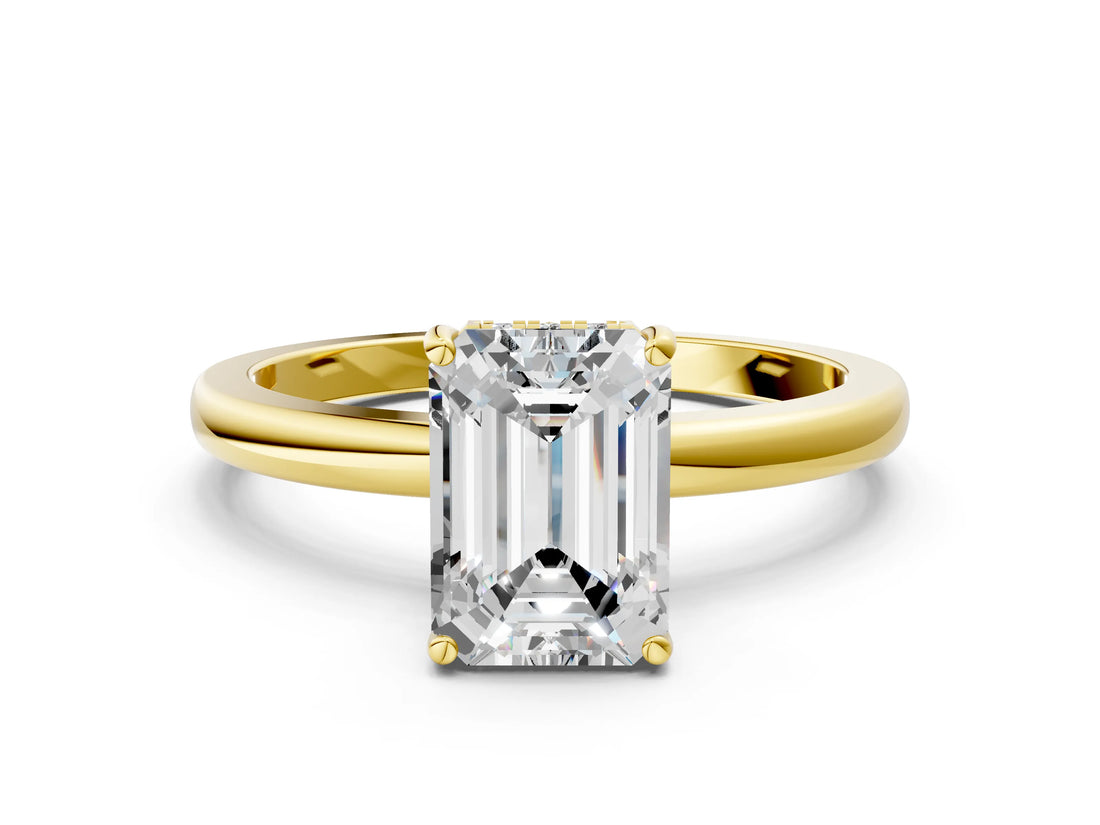 Yellow gold Emerald Cut Solitaire Diamond Ring with Prong Setting and Plain Band_7