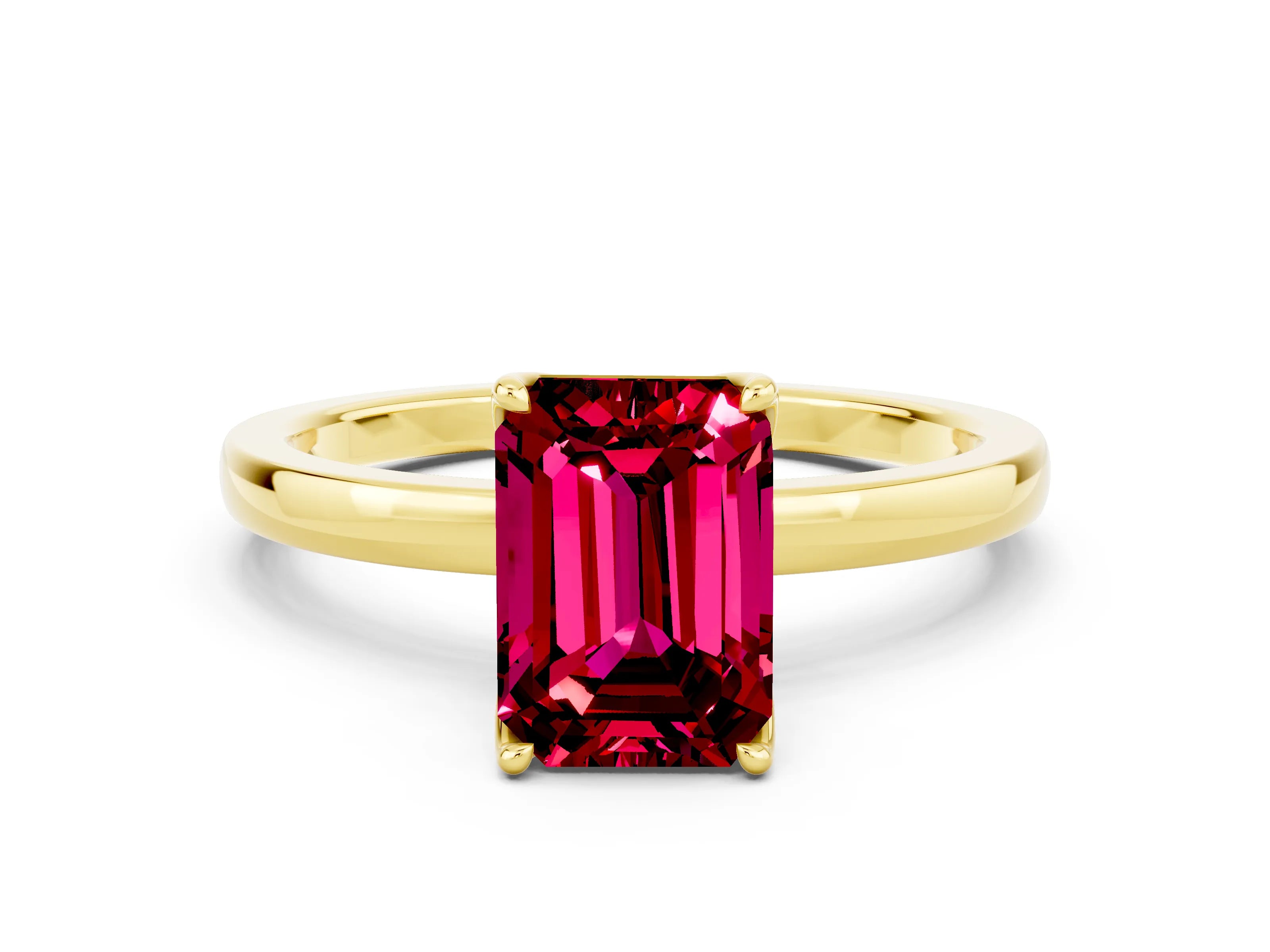 Yellow gold Emerald Cut Solitaire Diamond Ring with Thin Band and Four-Prong Setting