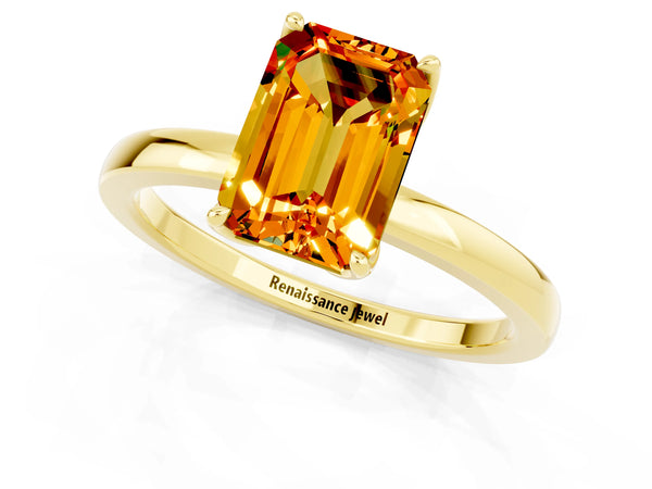 Yellow gold Emerald Cut Citrine Solitaire Ring with Thin Band and Prong Setting