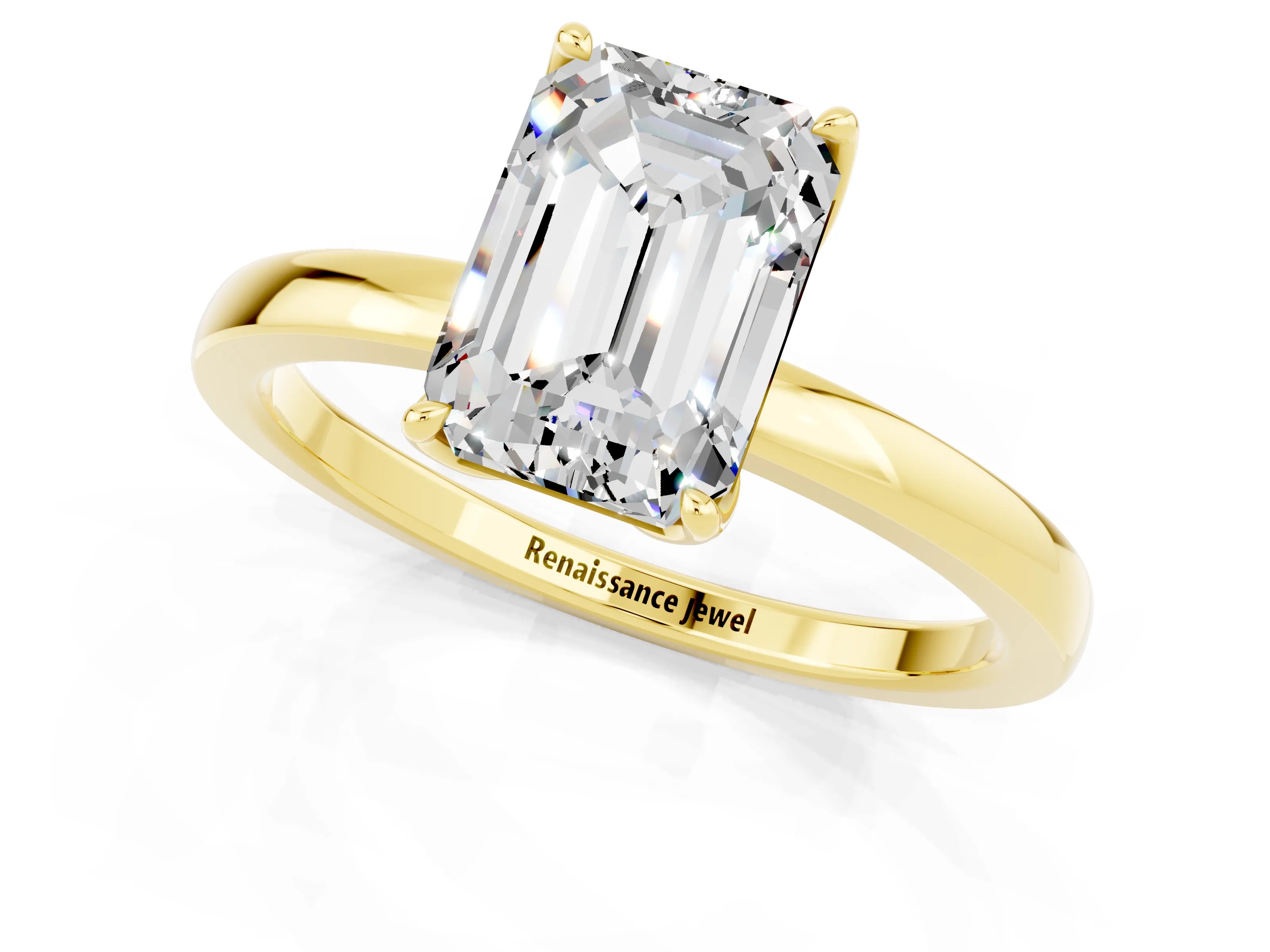 Yellow gold Emerald Cut Solitaire Diamond Ring with Thin Band and Four-Prong Setting_1