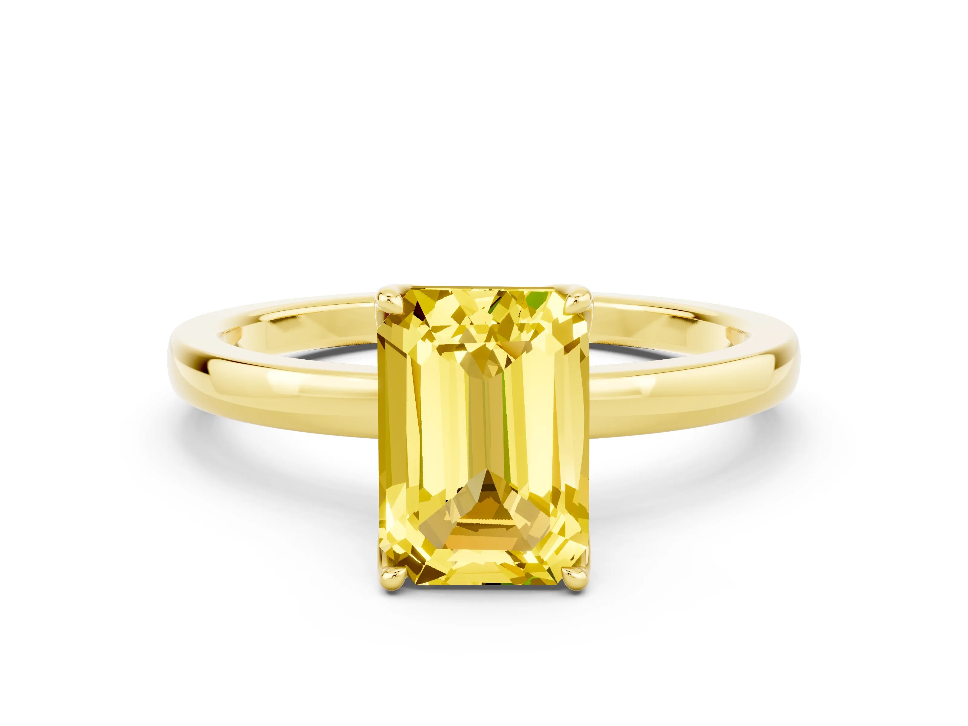 Yellow gold Emerald Cut Solitaire Diamond Ring with Thin Band and Four-Prong Setting