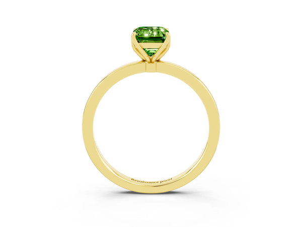 Yellow gold Emerald Cut Solitaire Diamond Ring with Thin Band and Four-Prong Setting