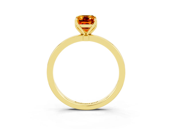 Yellow gold Emerald Cut Citrine Solitaire Ring with Thin Band and Prong Setting