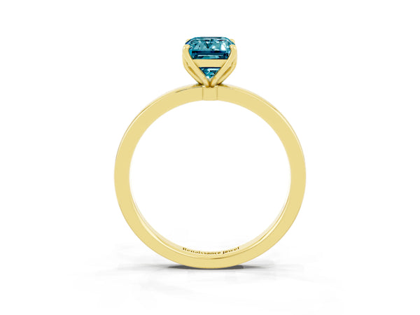 Yellow gold Emerald Cut Solitaire Diamond Ring with Thin Band and Four-Prong Setting