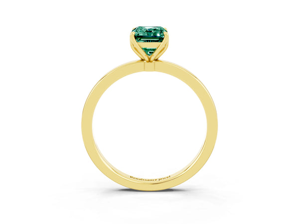 Yellow gold Emerald Cut Solitaire Diamond Ring with Thin Band and Four-Prong Setting