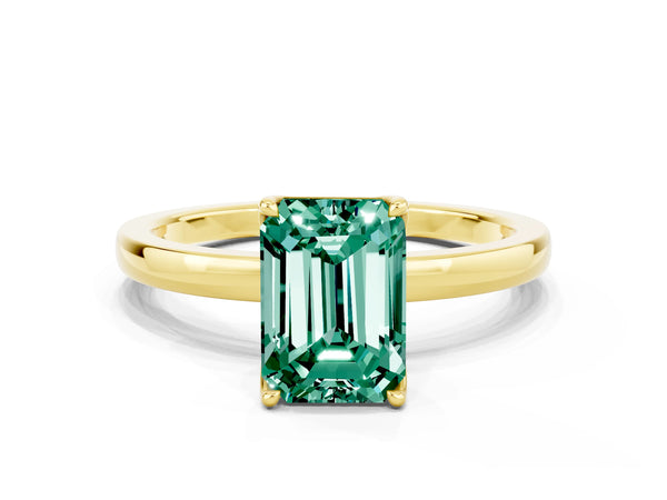 Yellow gold Emerald Cut Solitaire Diamond Ring with Thin Band and Four-Prong Setting