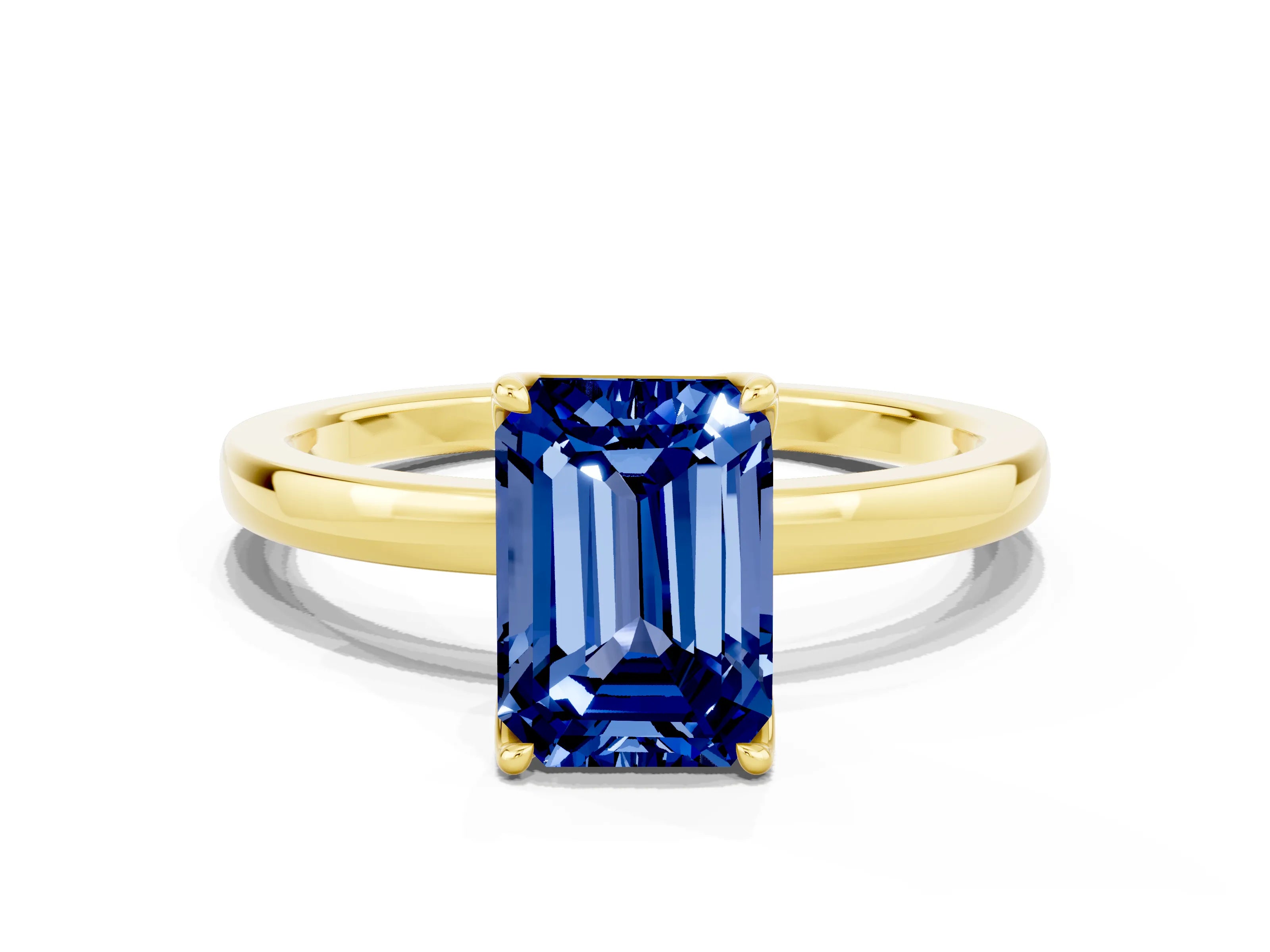 Yellow gold Emerald Cut Solitaire Diamond Ring with Thin Band and Four-Prong Setting