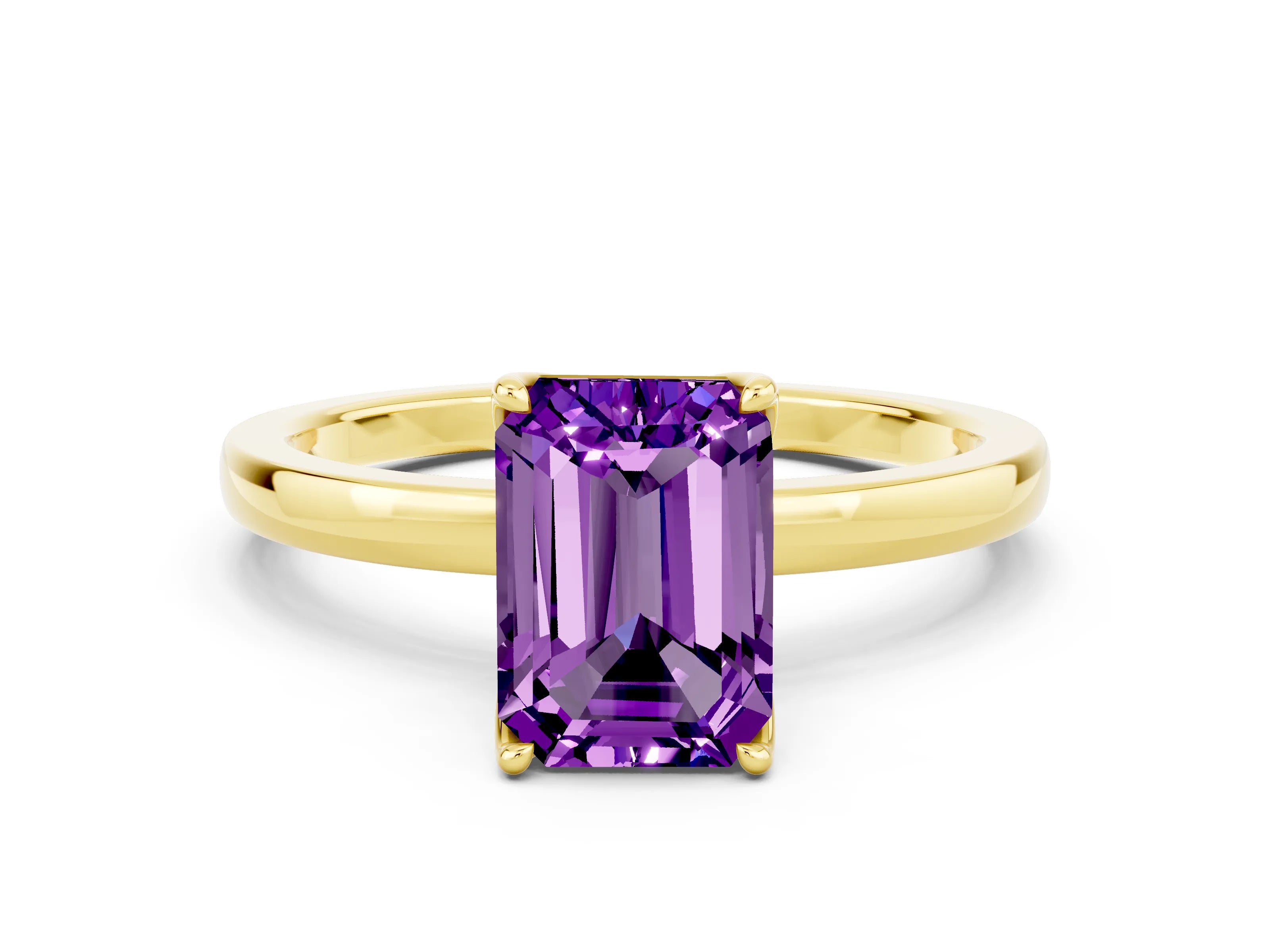 Yellow gold Emerald Cut Solitaire Diamond Ring with Thin Band and Four-Prong Setting
