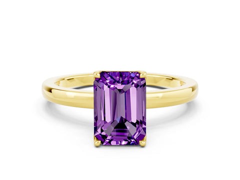 Yellow gold Emerald Cut Solitaire Diamond Ring with Thin Band and Four-Prong Setting