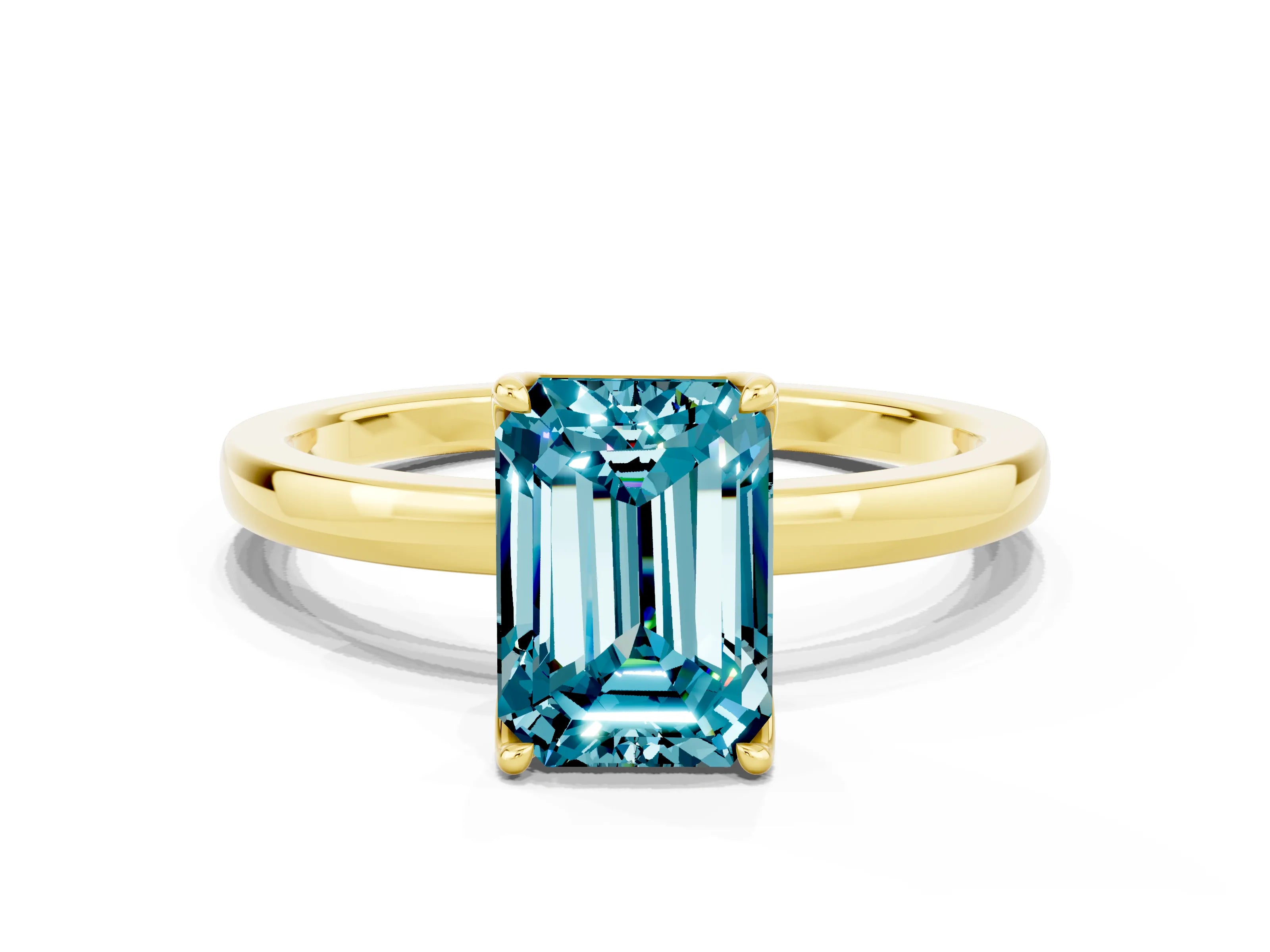 Yellow gold Emerald Cut Solitaire Diamond Ring with Thin Band and Four-Prong Setting
