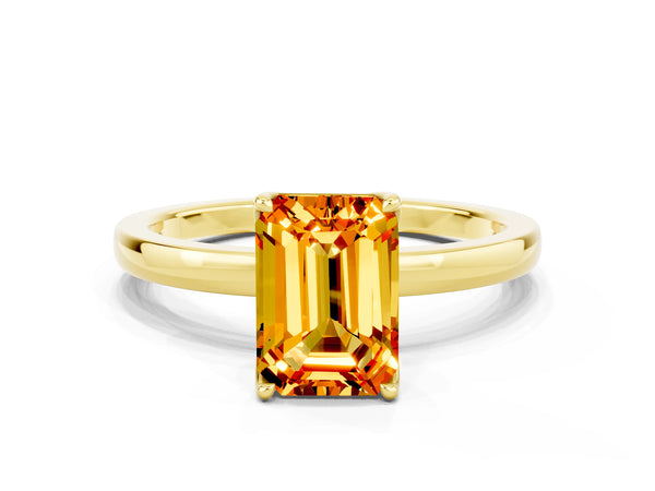 Yellow gold Emerald Cut Citrine Solitaire Ring with Thin Band and Prong Setting