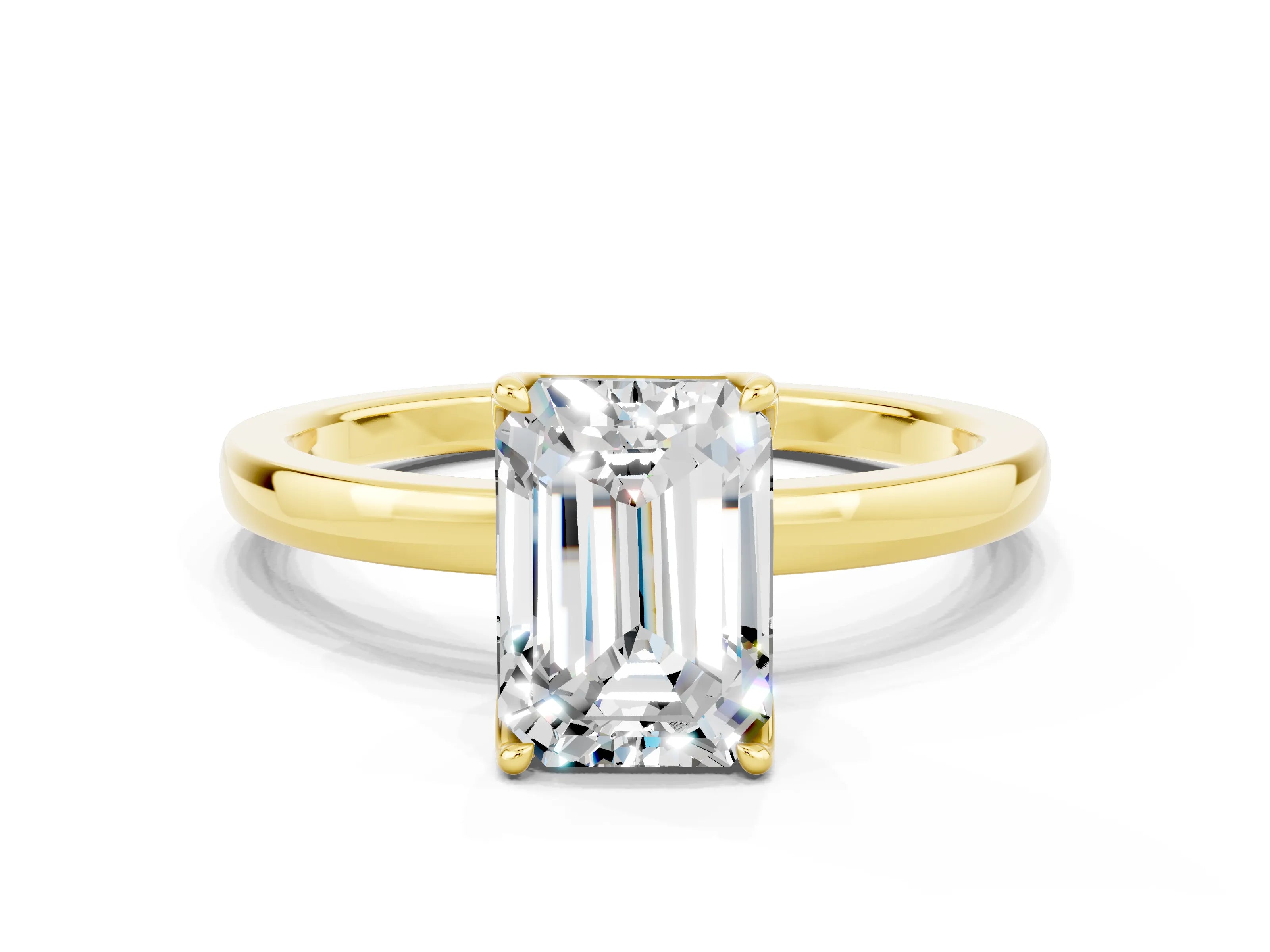 Yellow gold Emerald Cut Solitaire Diamond Ring with Thin Band and Four-Prong Setting