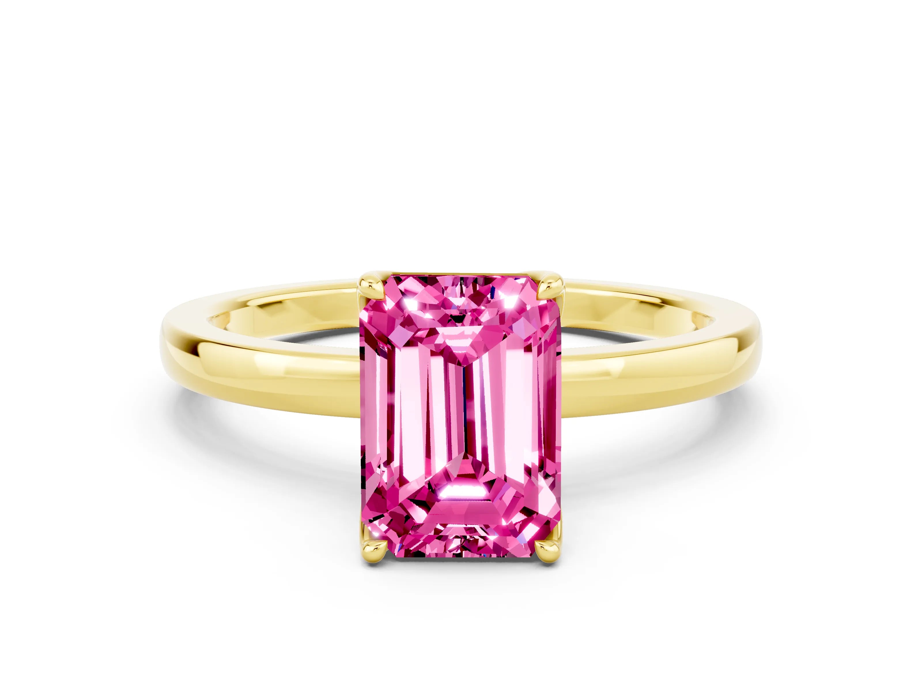 Yellow gold Emerald Cut Solitaire Diamond Ring with Thin Band and Four-Prong Setting