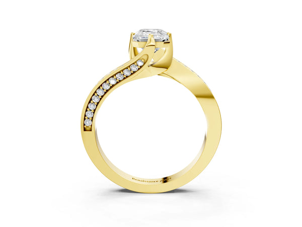 Yellow Gold Emerald Cut Bypass Solitaire Engagement Ring Setting with Swirl Pave Band