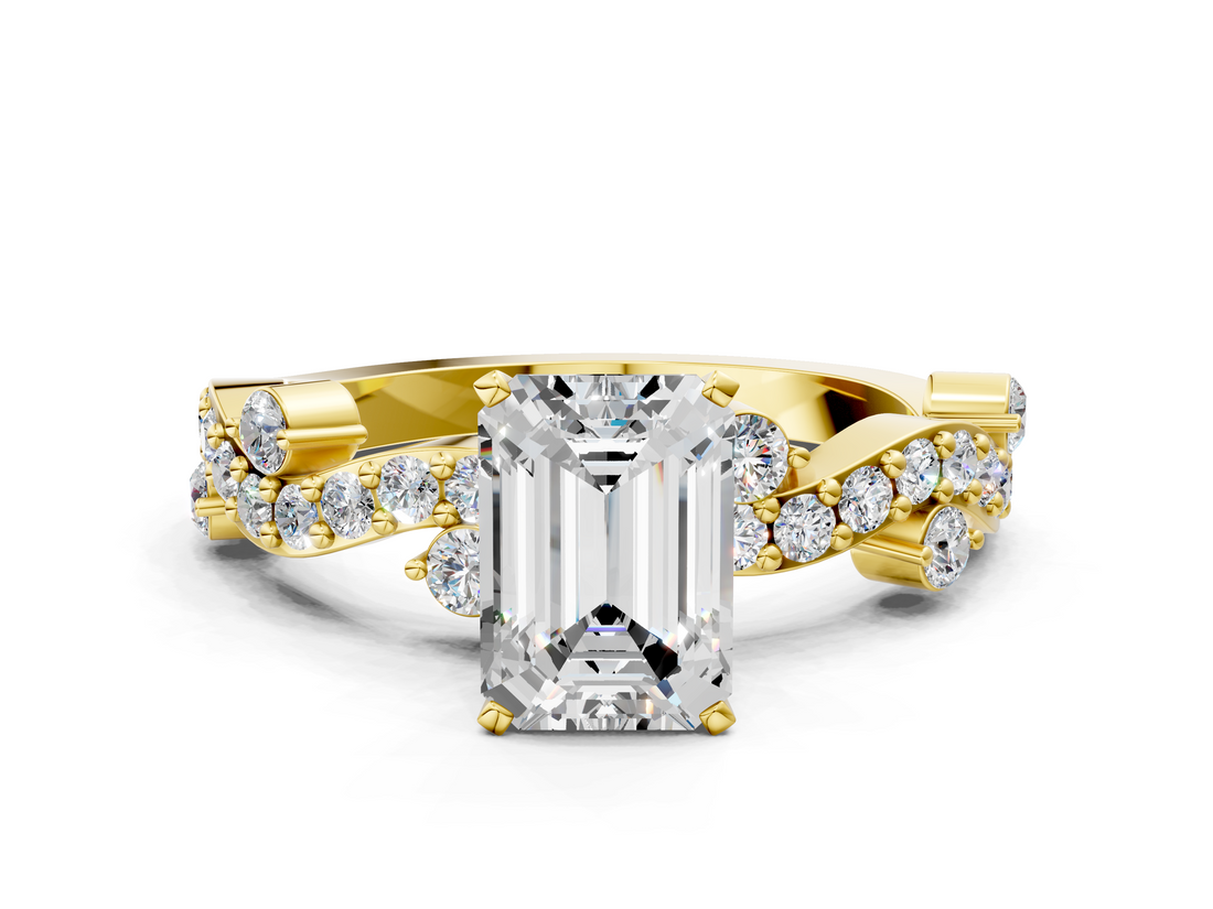 Yellow gold Emerald Cut Solitaire Diamond Twisted Band with Pave Setting_83
