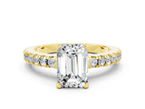 Yellow gold Emerald Cut Solitaire Diamond with Pavé Band and Four-Prong Setting