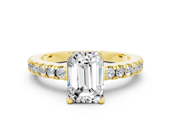 Yellow gold Emerald Cut Solitaire Moissanite with Pavé Band and Four-Prong Setting