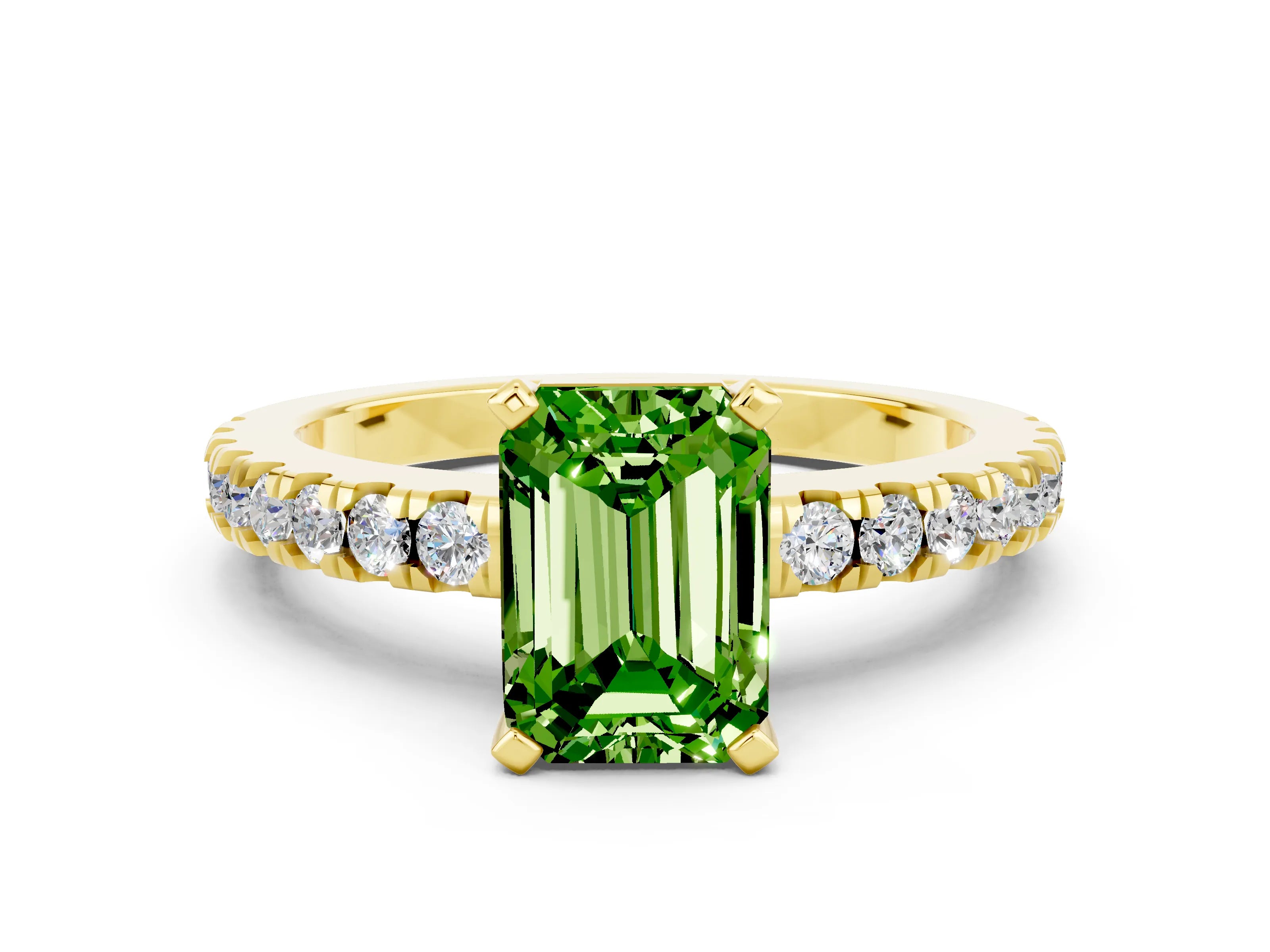 Yellow gold Emerald Cut Solitaire Diamond with Pavé Band and Four-Prong Setting