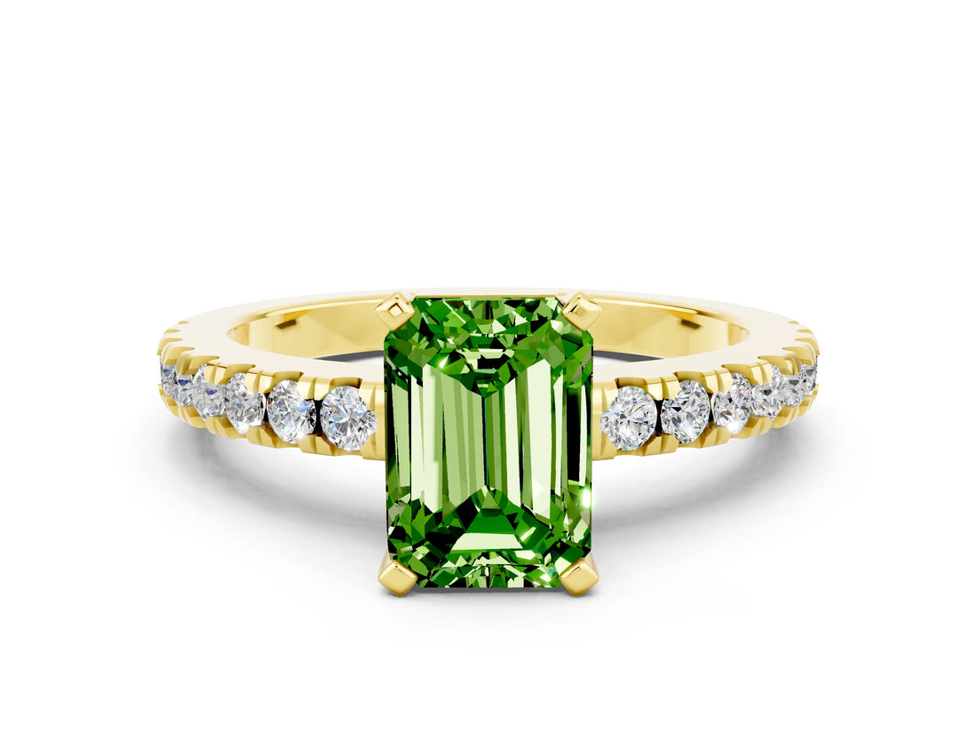 Yellow gold Emerald Cut Solitaire Diamond with Pavé Band and Four-Prong Setting