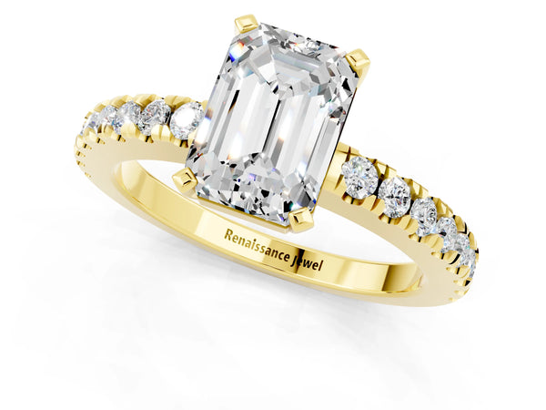 Yellow gold Emerald Cut Solitaire Moissanite with Pavé Band and Four-Prong Setting