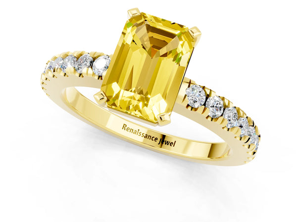 Yellow gold Emerald Cut Solitaire Yellow Sapphire with Pavé Band and Four-Prong Setting