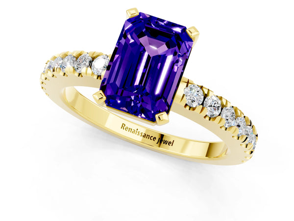 Yellow gold Emerald Cut Solitaire Tanzanite with Pavé Band and Four-Prong Setting
