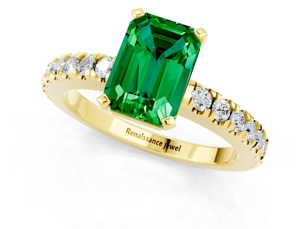 Yellow gold Emerald Cut Solitaire Emerald with Pavé Band and Four-Prong Setting