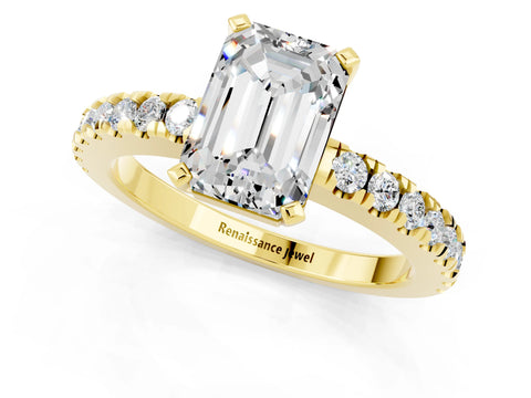Yellow gold Emerald Cut Solitaire Diamond with Pavé Band and Four-Prong Setting_1