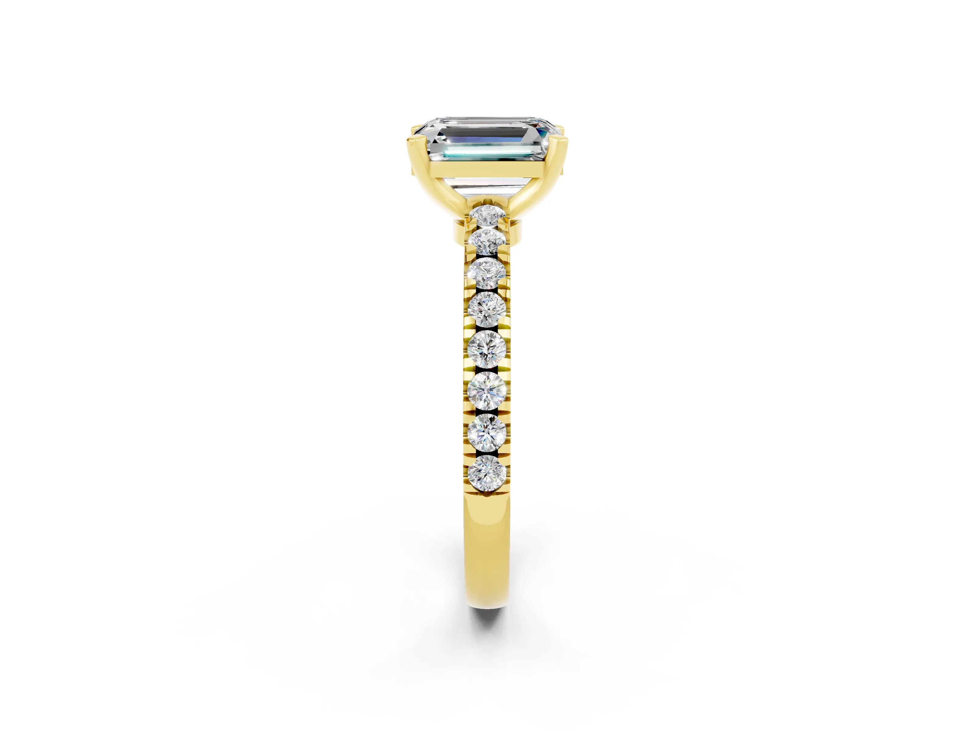 Yellow gold Emerald Cut Solitaire Diamond with Pavé Band and Four-Prong Setting_2