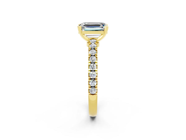 Yellow gold Emerald Cut Solitaire Moissanite with Pavé Band and Four-Prong Setting