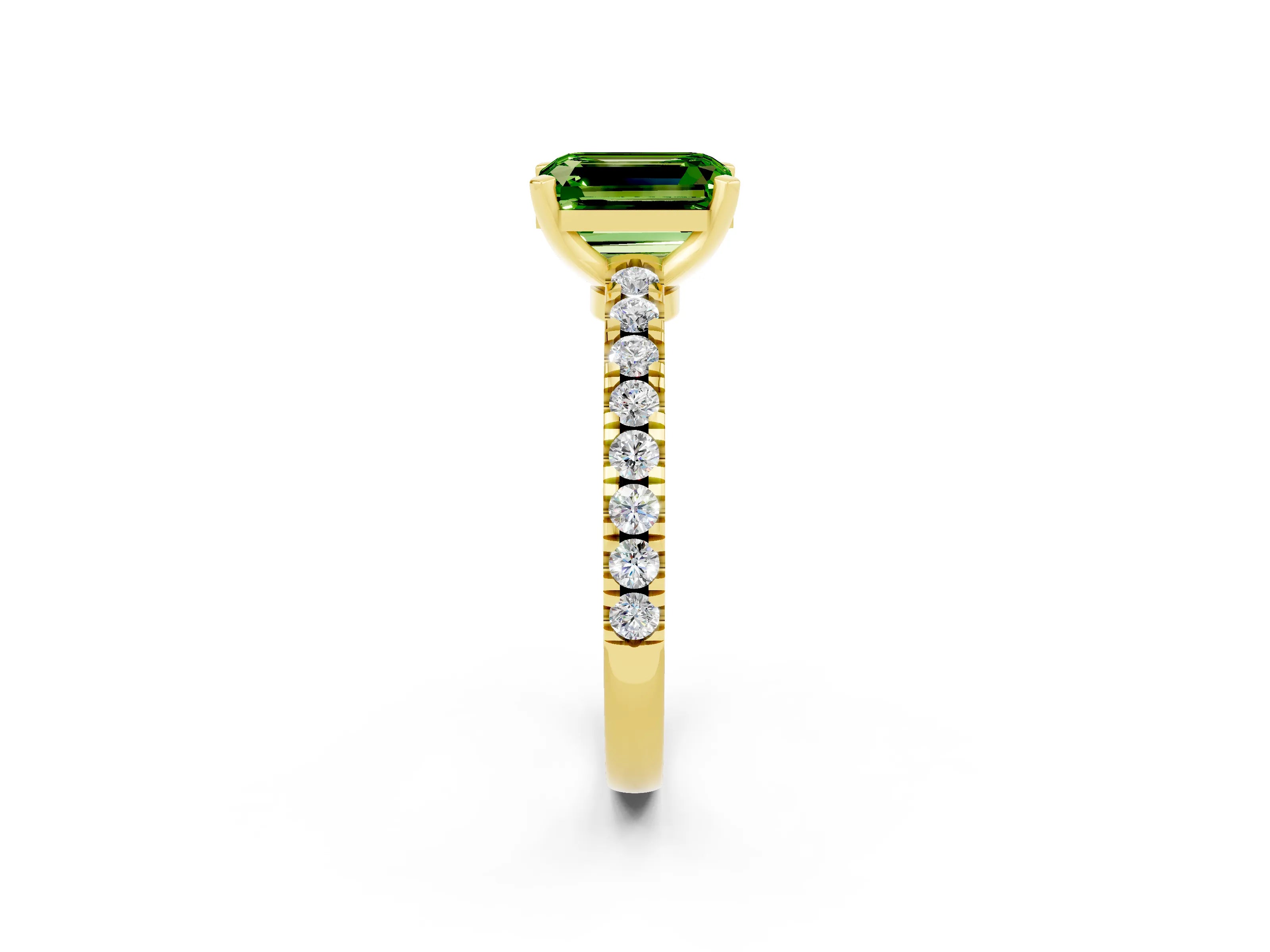 Yellow gold Emerald Cut Solitaire Diamond with Pavé Band and Four-Prong Setting_2