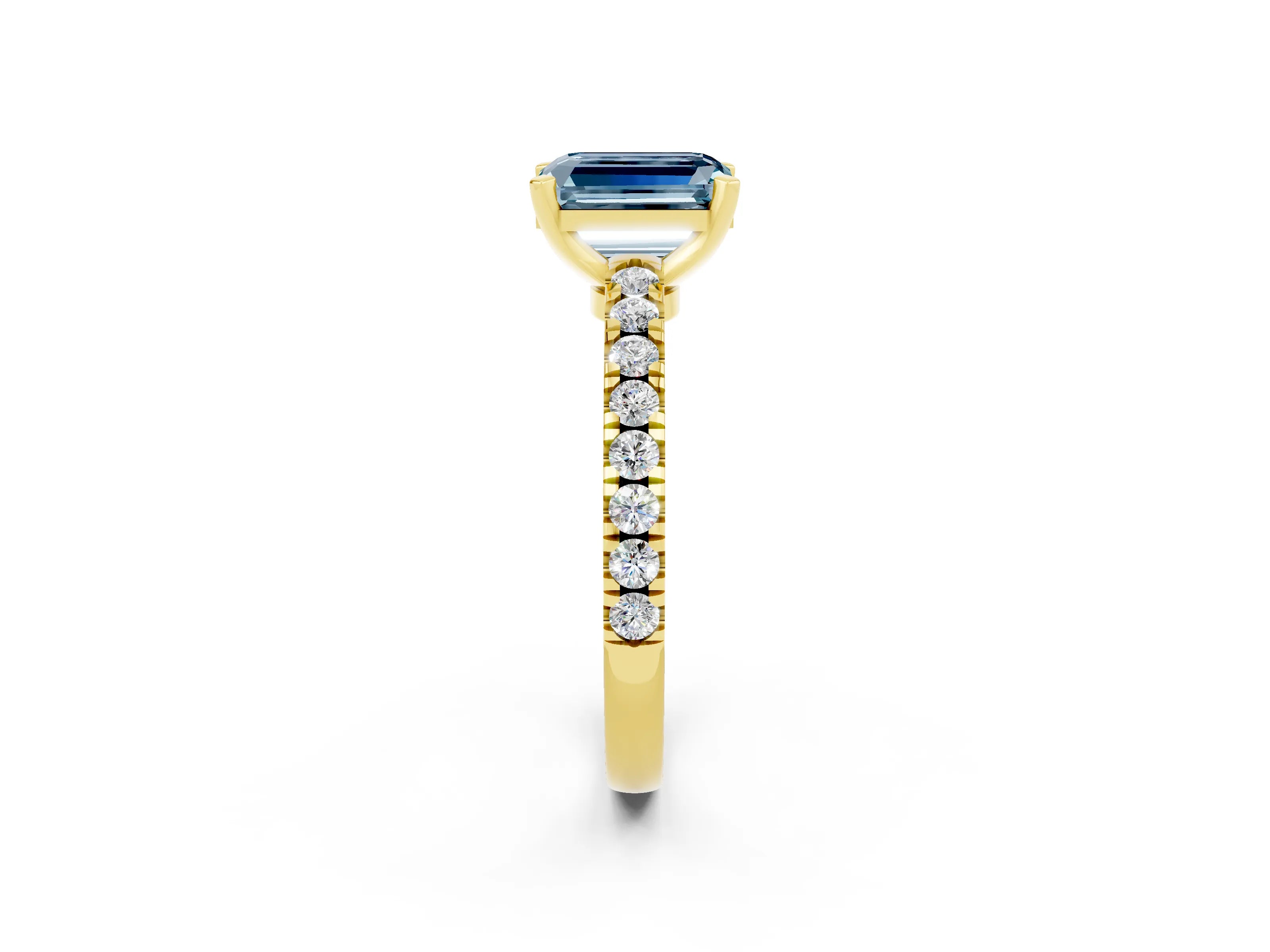 Yellow gold Emerald Cut Solitaire Diamond with Pavé Band and Four-Prong Setting_2