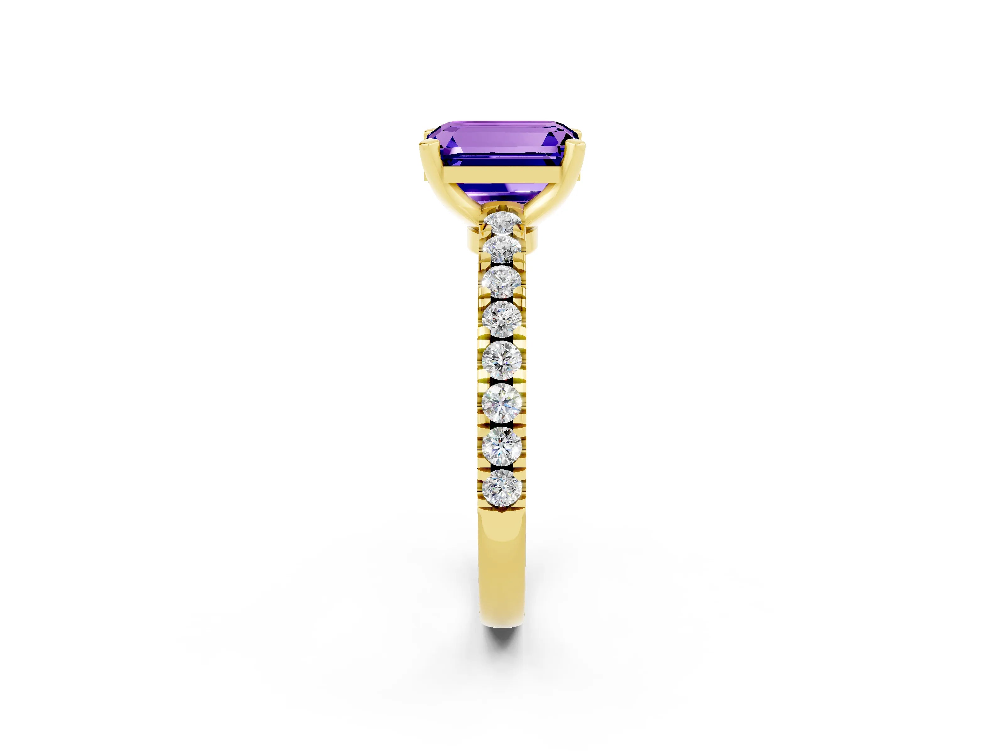 Yellow gold Emerald Cut Solitaire Diamond with Pavé Band and Four-Prong Setting_2