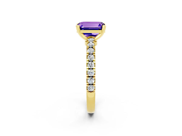 Yellow gold Emerald Cut Solitaire Tanzanite with Pavé Band and Four-Prong Setting