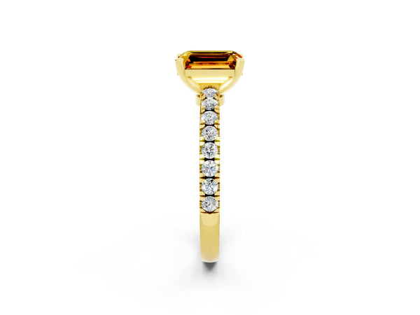 Yellow gold Emerald Cut Solitaire Citrine with Pavé Band and Four-Prong Setting