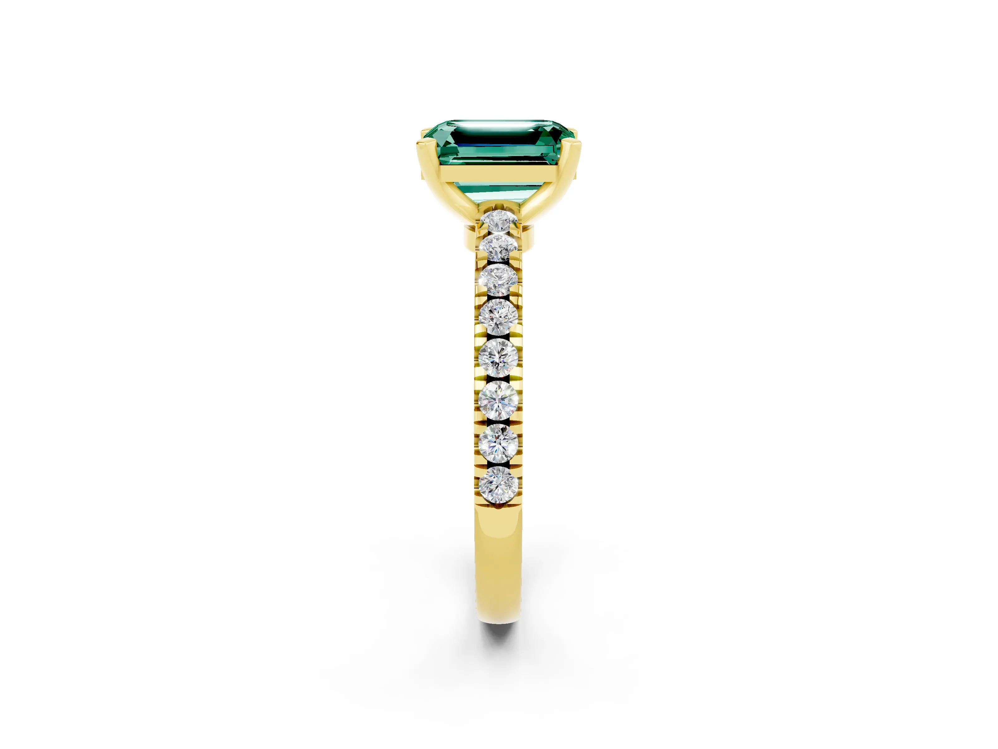 Yellow gold Emerald Cut Solitaire Diamond with Pavé Band and Four-Prong Setting_2