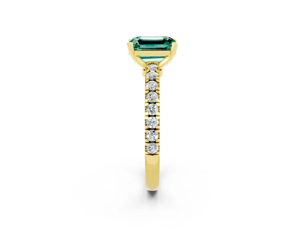 Yellow gold Emerald Cut Solitaire Green Sapphire with Pavé Band and Four-Prong Setting