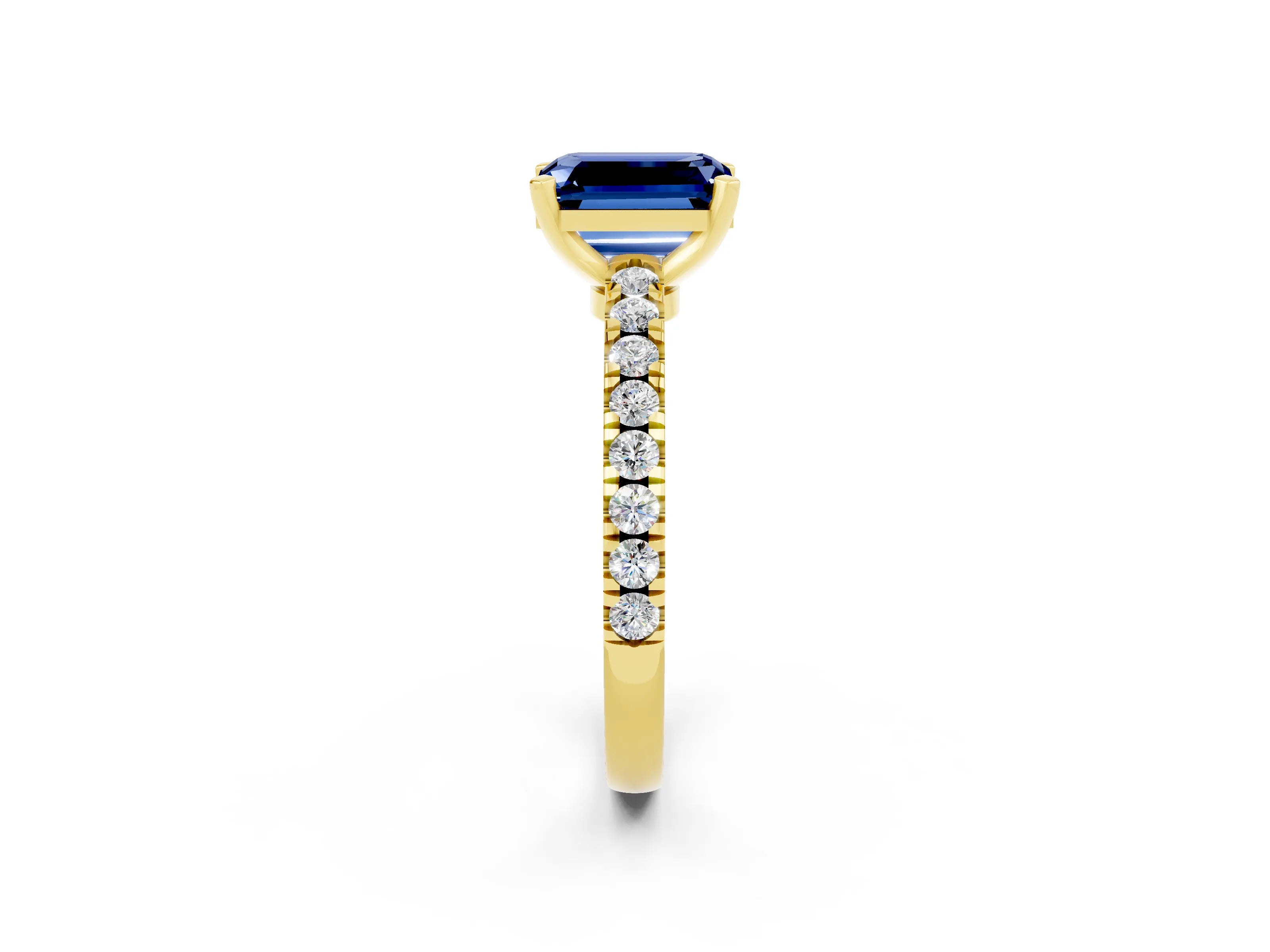 Yellow gold Emerald Cut Solitaire Diamond with Pavé Band and Four-Prong Setting_2