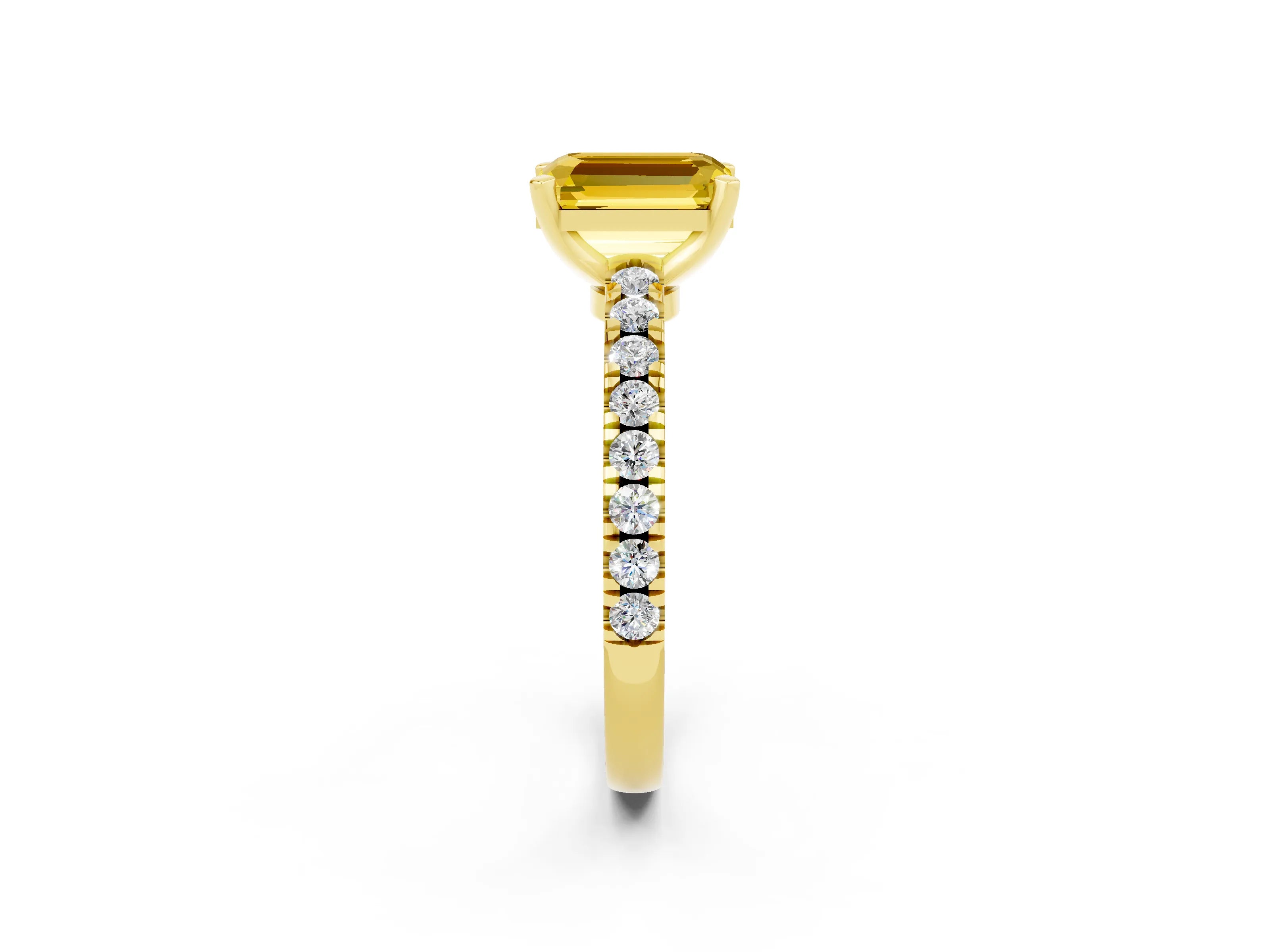 Yellow gold Emerald Cut Solitaire Diamond with Pavé Band and Four-Prong Setting_2
