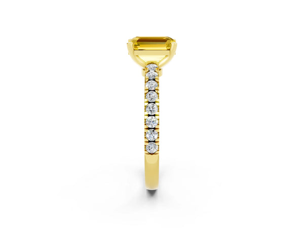 Yellow gold Emerald Cut Solitaire Yellow Sapphire with Pavé Band and Four-Prong Setting