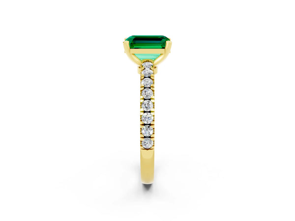 Yellow gold Emerald Cut Solitaire Emerald with Pavé Band and Four-Prong Setting