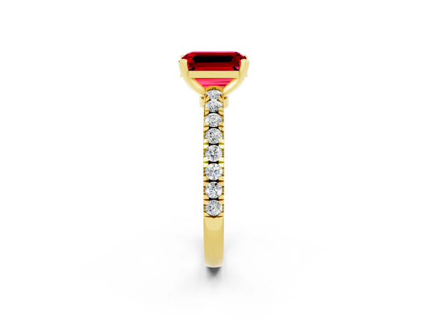 Yellow gold Emerald Cut Solitaire Ruby with Pavé Band and Four-Prong Setting