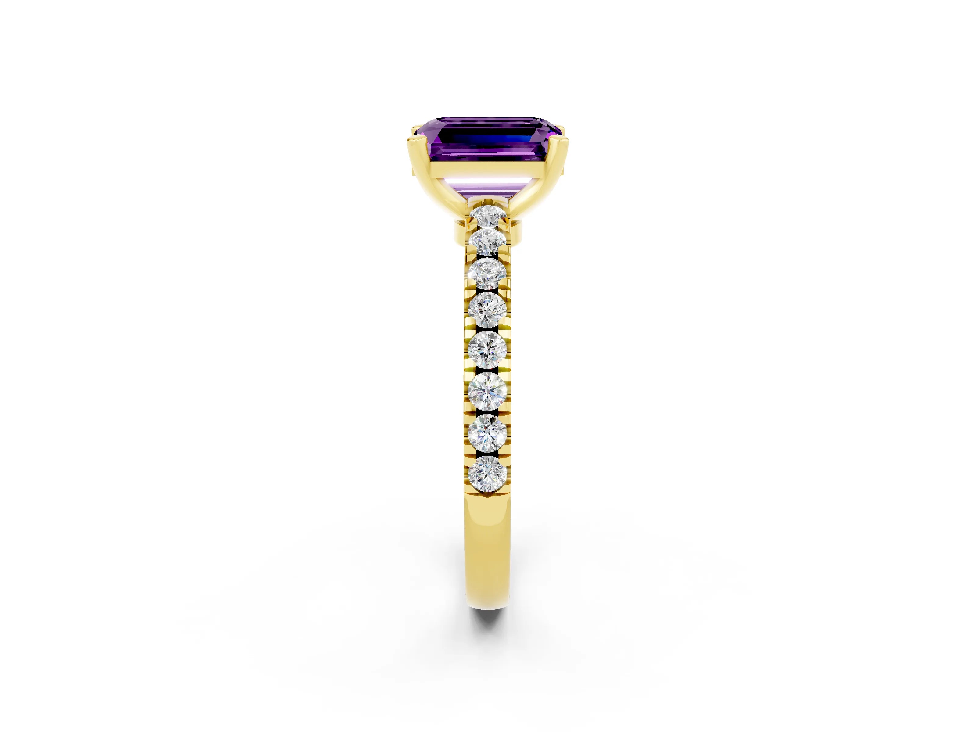 Yellow gold Emerald Cut Solitaire Diamond with Pavé Band and Four-Prong Setting_2