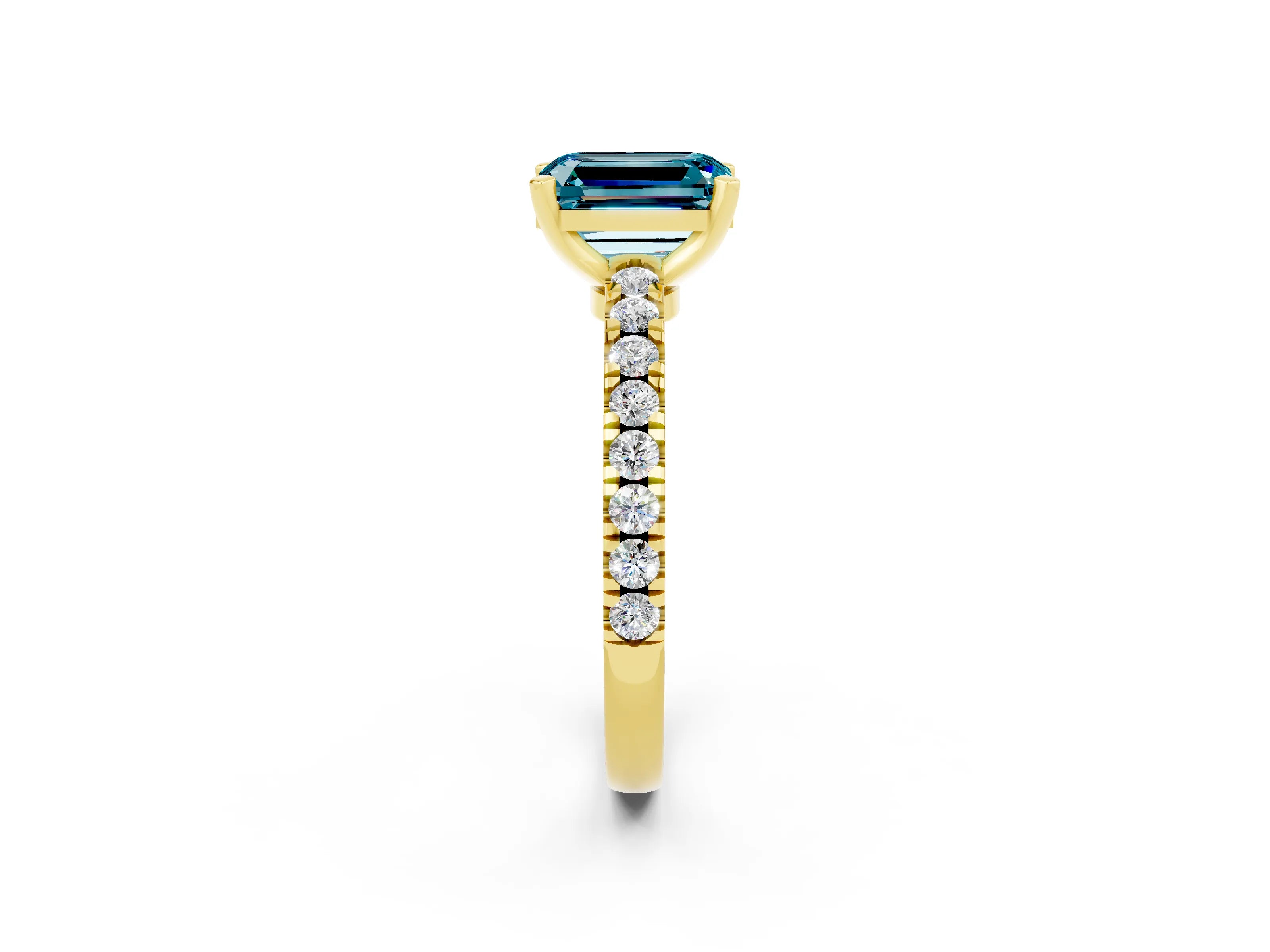 Yellow gold Emerald Cut Solitaire Diamond with Pavé Band and Four-Prong Setting_2