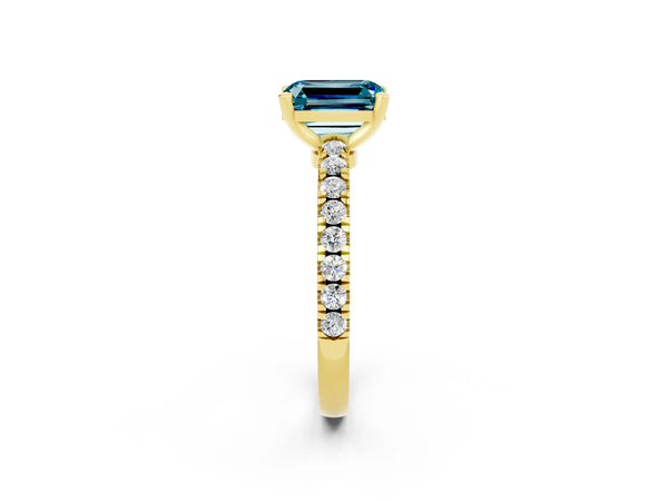 Yellow gold Emerald Cut Solitaire Diamond with Pavé Band and Four-Prong Setting