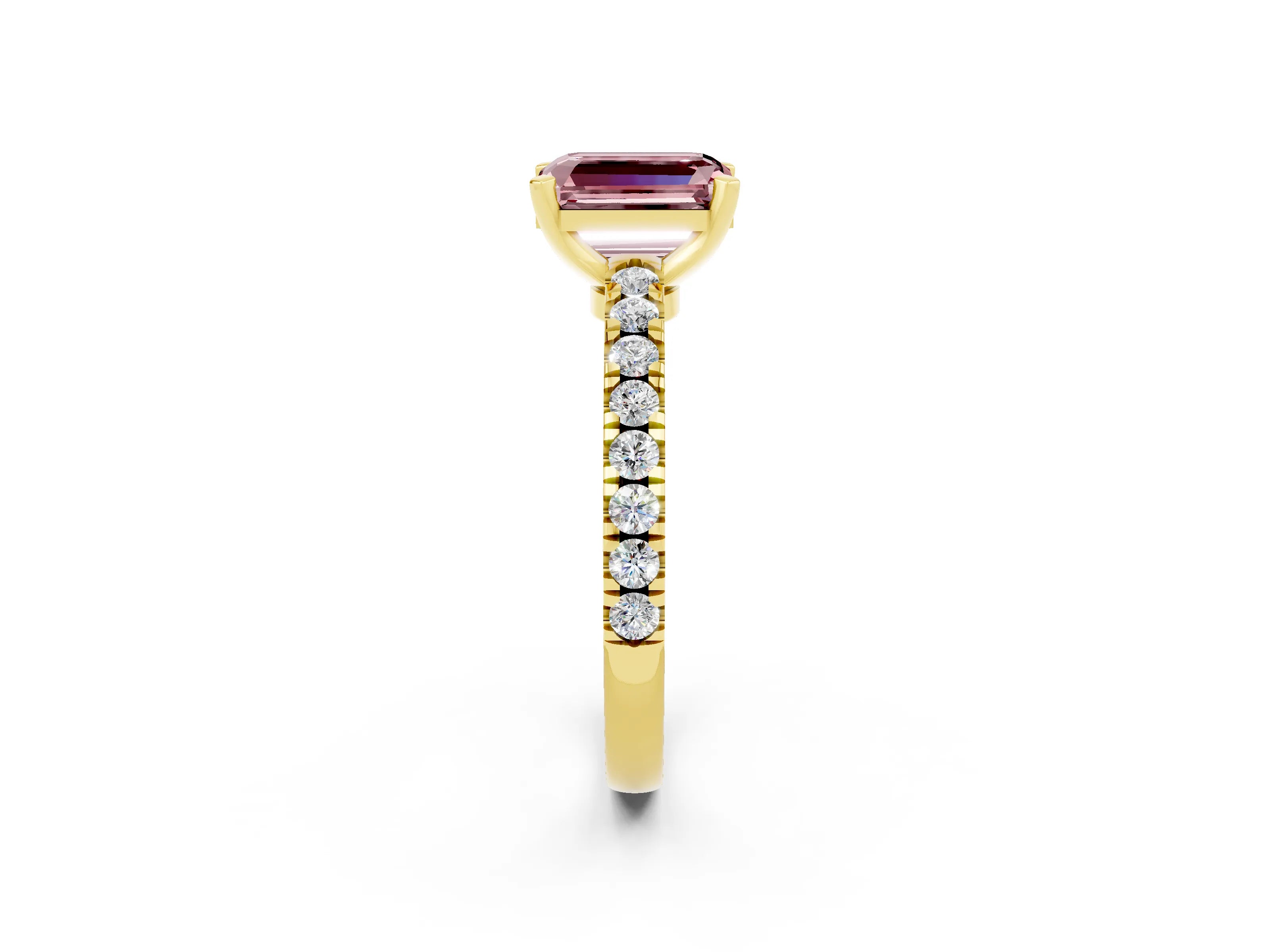 Yellow gold Emerald Cut Solitaire Diamond with Pavé Band and Four-Prong Setting_2