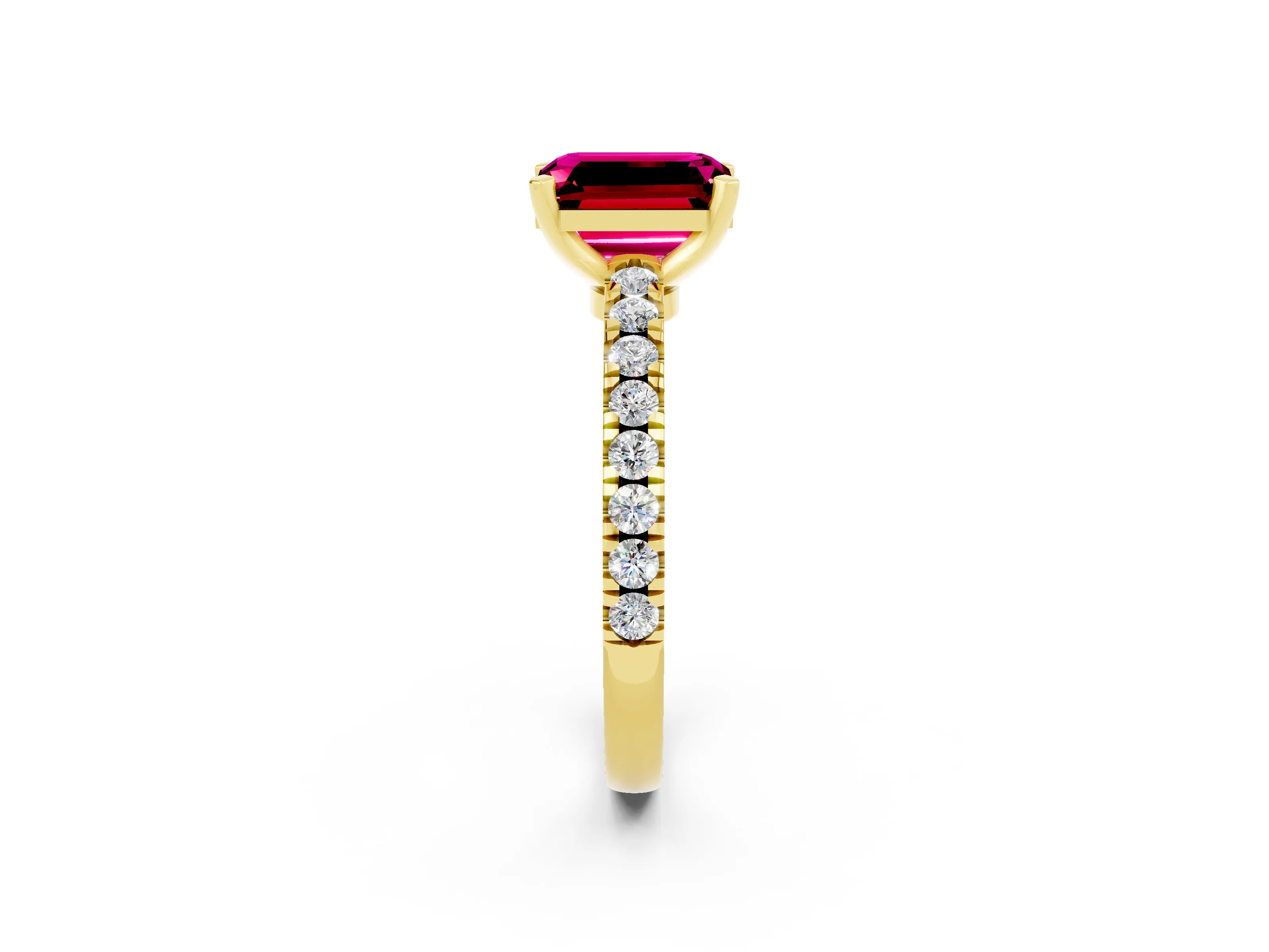 Yellow gold Emerald Cut Solitaire Diamond with Pavé Band and Four-Prong Setting_2