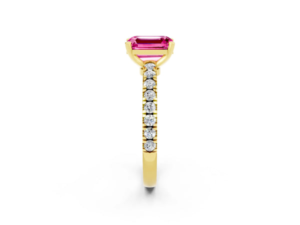 Yellow gold Emerald Cut Solitaire Pink Sapphire with Pavé Band and Four-Prong Setting